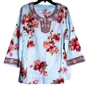 John Mark Womens Size Large Blue Floral Beaded  V-Neck Linen Blend Tunic NWT